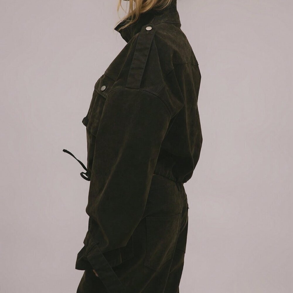 Army Green Casual Women's Velvet Denim Drawstring Cargo Jacket - Picture 5 of 9